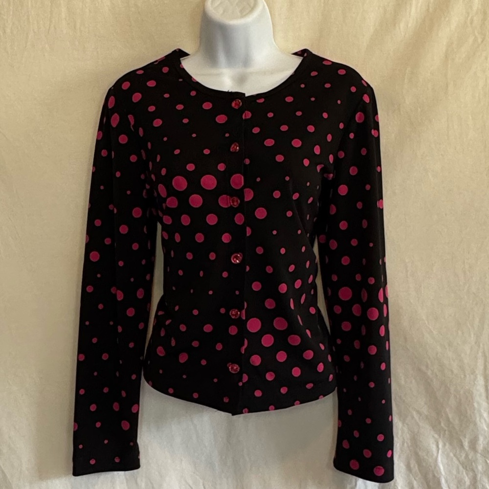 D-72 Uniform by John Paul Richards Black & Pink Dot Button Down Cardigan Size S
